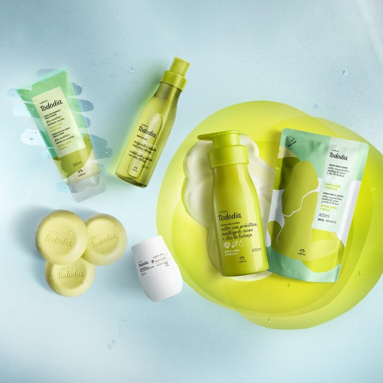 Natura Tododia Capim Limão e Hortelã: creme corporal revigorante para o banho, creme desodorante nutritivo, body splash, desodorante antitranspirante e sabonete em barra puro vegetal.